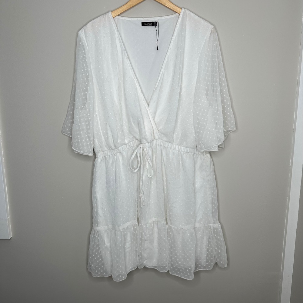 Boohoo Women's White Swiss‎ Dot Mini Dress V Neck Tie Waist Flounce Sleeve US 20